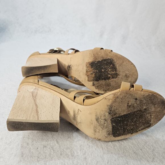 BETTYE MULLER Brown Sz 8 M Tan Leather Wood Heel Sandal Strappy Buckle - Picture 5 of 6